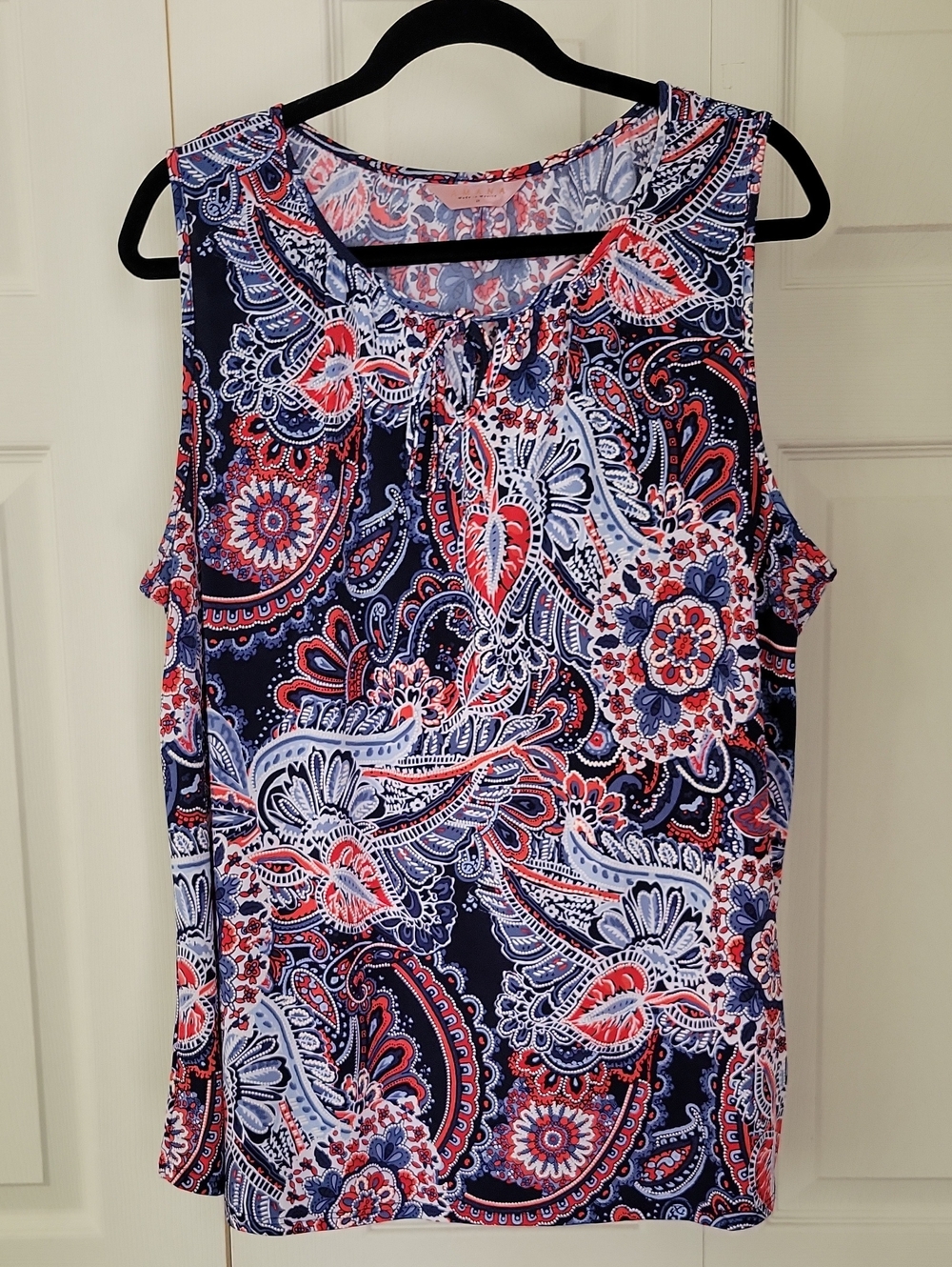 Amiana Navy Paisley Tie-Neck Sleeveless Tank Blouse with Red & White Accents